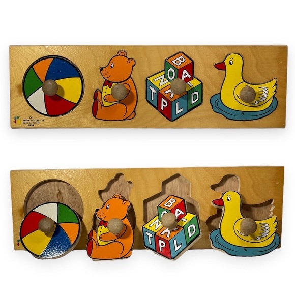 Vtg Puzzle Wood Knob Peg Handle Toddler Bear Ball Duck Blocks 1994 Doron Layeled - Picture 2 of 15